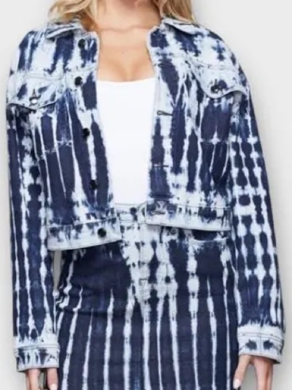 Good American Tie-Dye Crop Denim Jacket - Navy & White